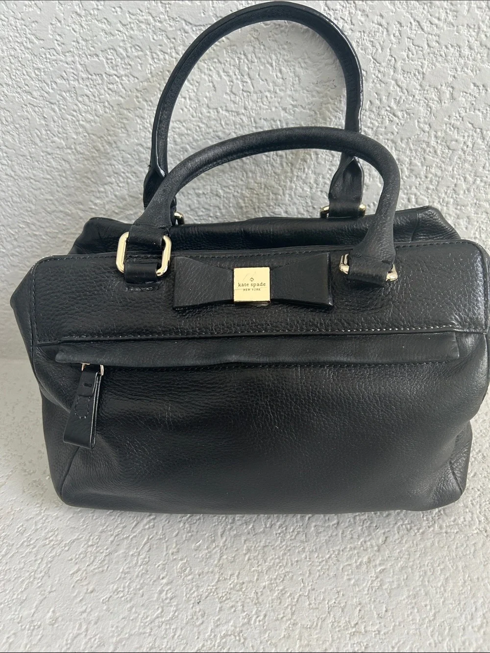 kate spade Black Pebbled Leather Satchel with Bow Plaque